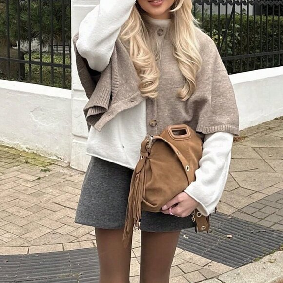 Khaki Casual Women's Buttoned Round Neck Knit Cardigan - Picture 4 of 9